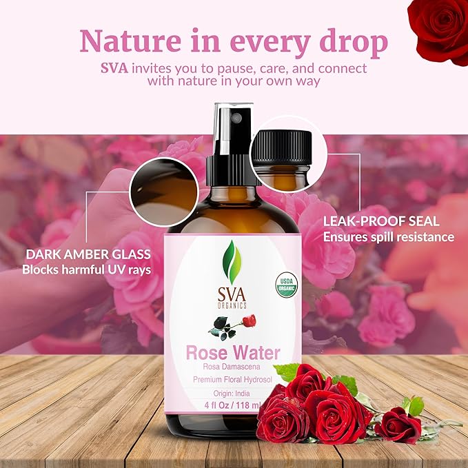 SVA ORGANICS Rose Water 4oz (118 ml) Refreshing Rose Water Spray for Skin Care, Skin Hydration, Bath, Soaps, Haircare & Aromatherapy-GlimoraGlow