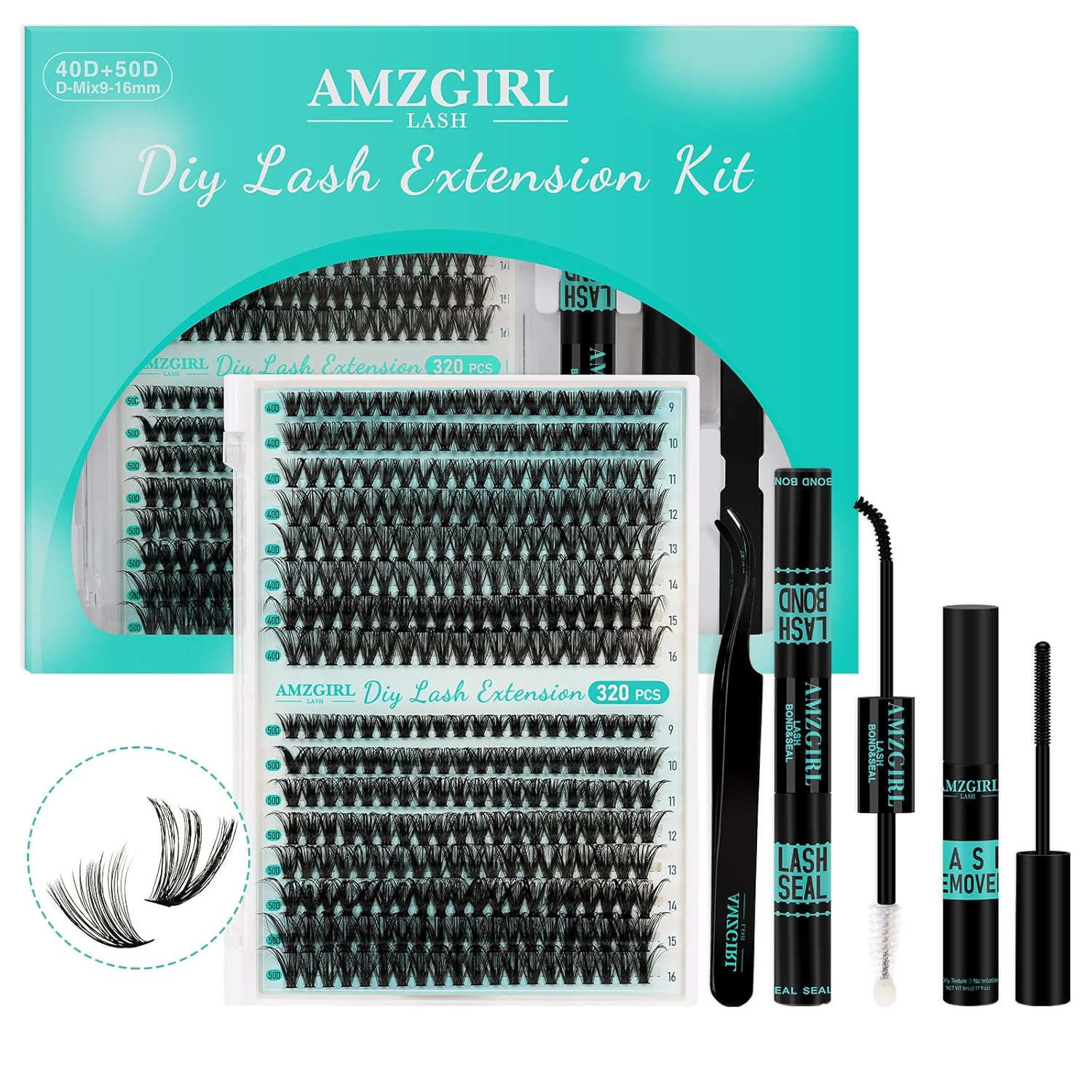 Lash Extension Kit 320Pcs,DIY Individual Lashes Clusters Kit,Lash Bond And Seal,Lash Remover For Eyelashes Extensions,Lash Applicator Tool For False Eyelash Cluster Kit At Home(40D50D,D-Mix9-16mmKit)-GlimoraGlow