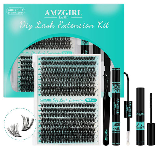 Lash Extension Kit 320Pcs,DIY Individual Lashes Clusters Kit,Lash Bond And Seal,Lash Remover For Eyelashes Extensions,Lash Applicator Tool For False Eyelash Cluster Kit At Home(40D50D,D-Mix9-16mmKit)-GlimoraGlow