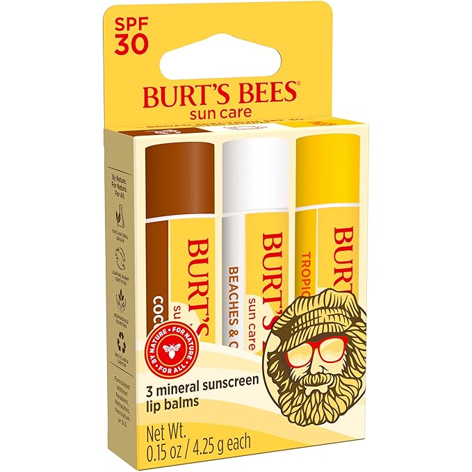 Burt’s Bees SPF 30 Lip Balm Mothers Day Gifts for Mom, Island Getaway - Coco Loco, Beaches & Cream, Tropic Like It's Hot, Water-Resistant Sun Care, Natural Origin Lip Treatment, 3 Tubes, 0.15 oz-GlimoraGlow