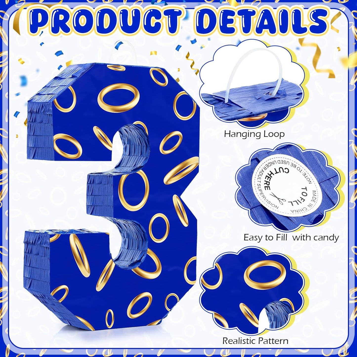 Number 3 Blue and Golden Rings Piñata for Kids Birthday Cartoon Theme Small Piñata with Blindfold Stick Confetti for Fiesta Cinco De Mayo Party Decor, 15.8 x 11 x 2.8 Inch