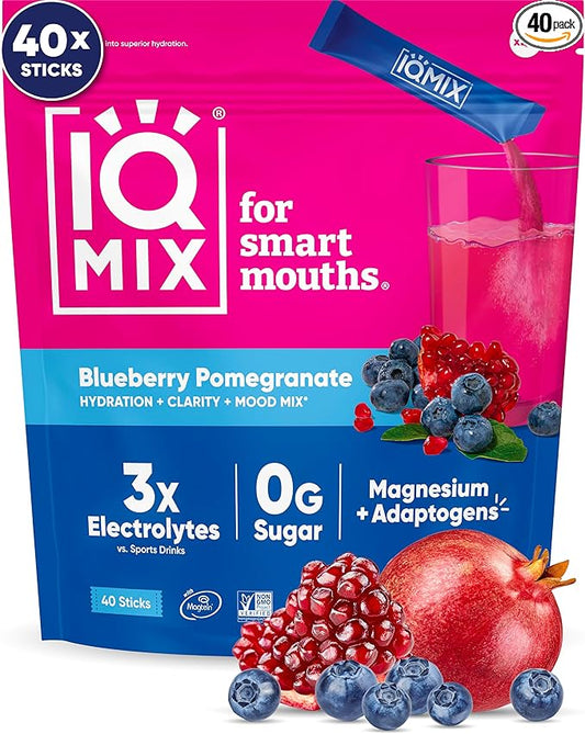 IQMIX Hydration Electrolyte Powder – 4-in-1 Formula for Hydration, Mental Clarity, Mood and Recovery – Sugar-Free Drink Mix, Keto, Magnesium L-Threonate, Lion’s Mane – 40 Count Blueberry Pomegranate-GlimoraGlow