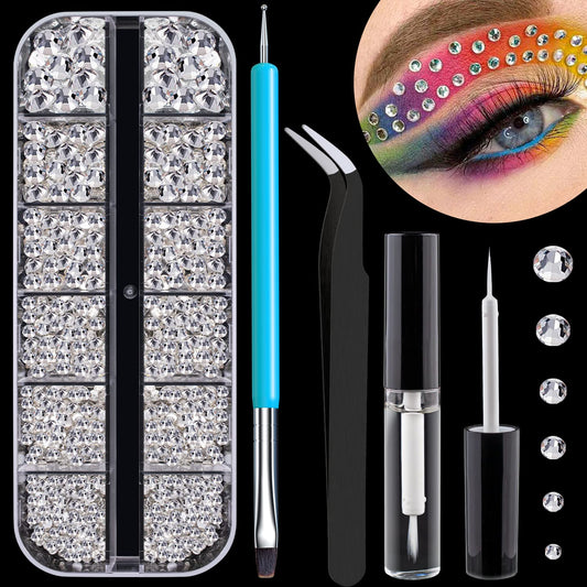 1.5-6mm Round Flatback Face Gems Kit (Clear) for Makeup with Quick Dry Glue + Brush + Tweezer, Nail Art Rhinestones Transparent White Glass Crystal Beads for Make-up Deco-GlimoraGlow