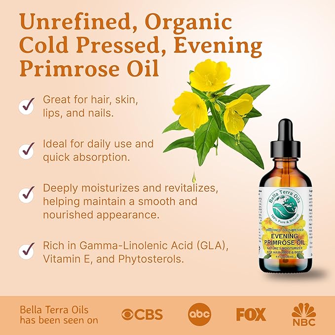 Bella Terra Oils - Organic Evening Primrose Oil 8 oz - Harvested for Excellence, Packed with Nutrients & Omega-6, Perfect Elixir for Enhancing Natural Beauty-GlimoraGlow