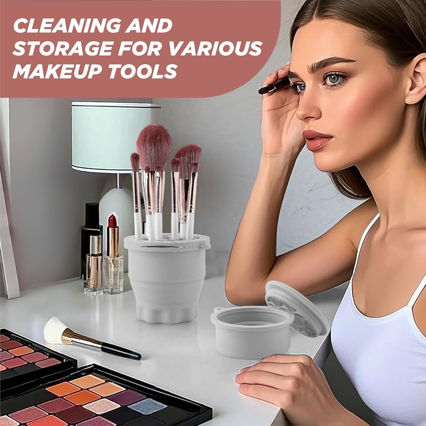 Makeup Brush Cleaner - Foldable Silicone Makeup Brush Cleaner Mat with Brush Storage Holder Makeup Brush Cleaning Bowl Cosmetic Brush Washing Tool for Cleaning Organizer and Drying (Grey)-GlimoraGlow