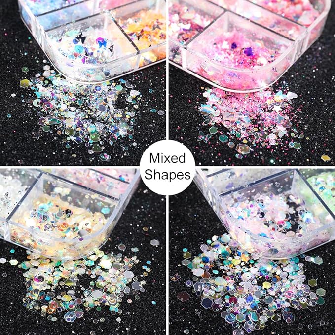 12 Grids Flaky Nail Art Glitter Sequins 3D Heart-Shaped Butterfly Ultra Thin Nail Art Sparkly Flake Designs Moon Stars Decorations Nail Glitter Sequins Suitable for Female Girl Nail Art Techniques-GlimoraGlow