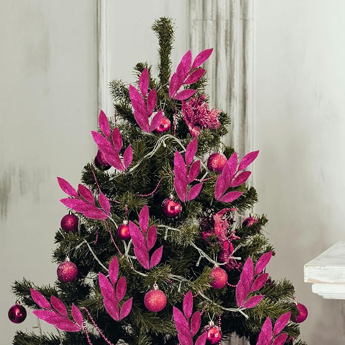 GREENTIME 12 Pack Artificial Rose Red Glitter Leaves 13" Fake Christmas Picks Decorative Glitter Sticks for Vase Christmas Tree DIY Wreath Crafts Fireplace Decor