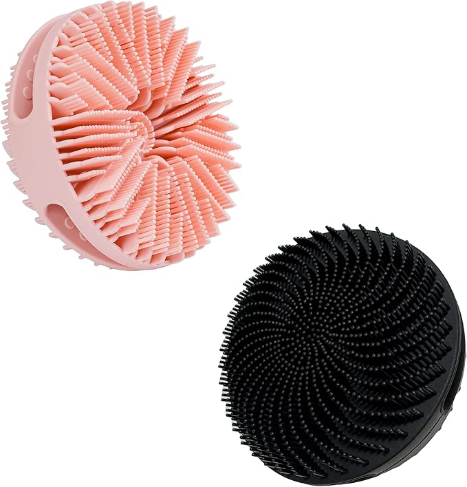 2 PC Silicone Exfoliating Body Scrubber, Silicone Body Shampoo Brush, Soft Silicone Loofah for Sensitive Skin, Shower Silicone Hair Scalp Massager, Easy to Clean, Lather Well(Pink&Black)-GlimoraGlow