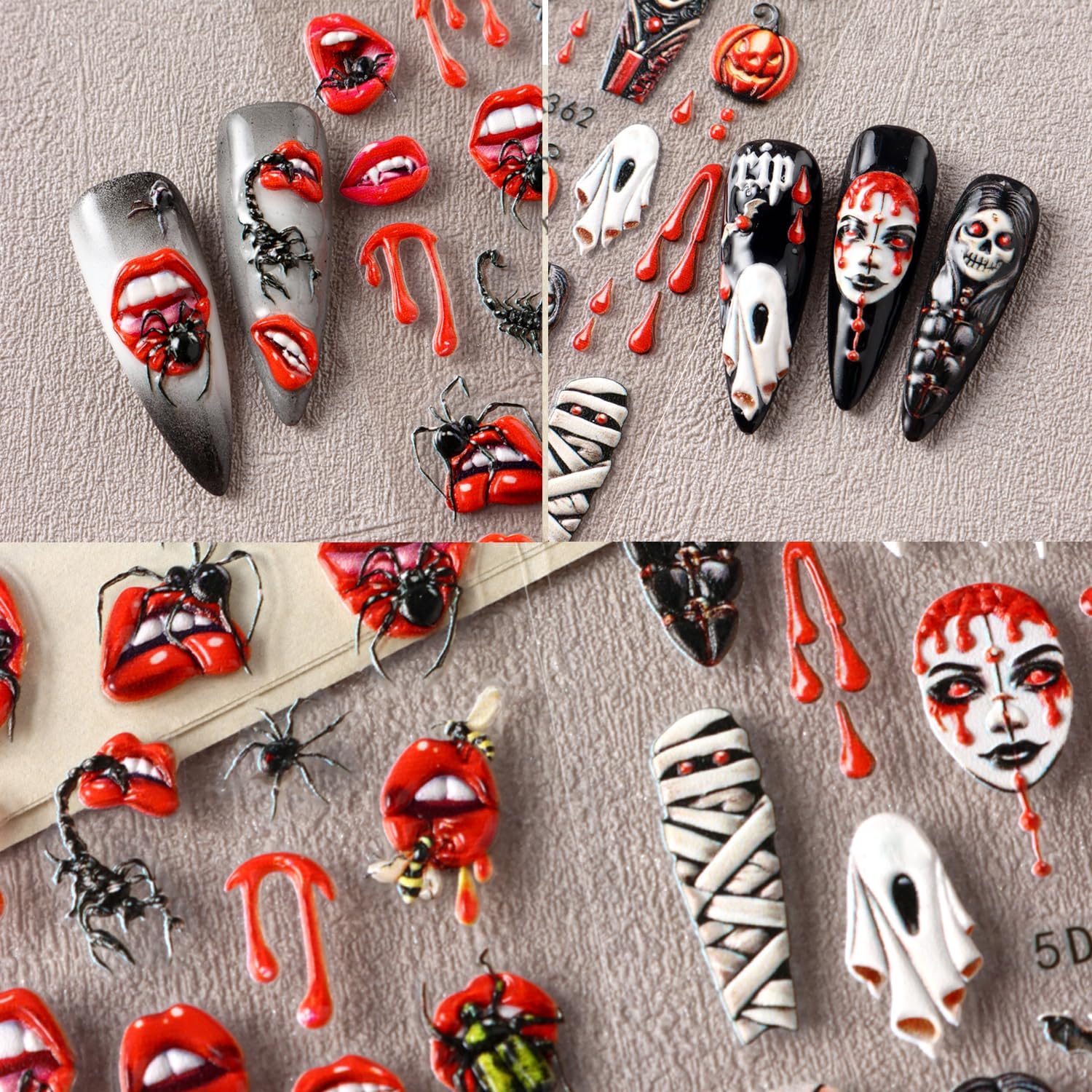2 Sheets Halloween Nail Art Stickers 5D Embossed Horror Ghost Nail Stickers Big Red Lips Pumpkin Devil's Flame Eye Bat Design Terror Spider Mummy Nail Decals for Women Acrylic DIY Nail Decorations-GlimoraGlow