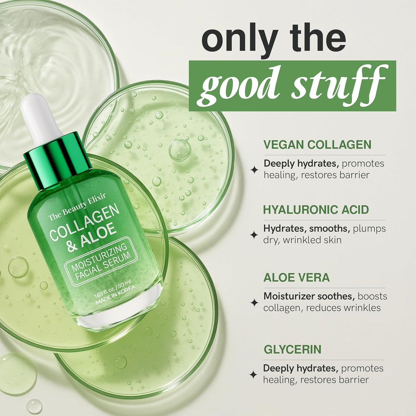 Aloe & Collagen Serum For Face - Dermatologist Tested, Anti-Aging, Ultra Hydrating Aloe Vera Gel For Face - Natural Ingredients, Clean Beauty, Cruelty-Free Korean Skin Care - 1.69 oz-GlimoraGlow