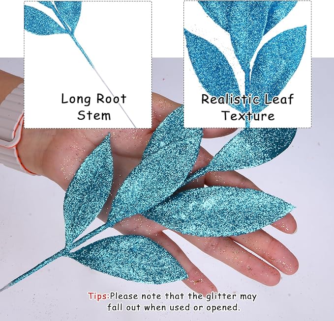 GREENTIME 12 Pack Artificial Blue Glitter Leaves 13" Fake Christmas Picks Decorative Glitter Sticks for Vase Christmas Tree DIY Wreath Crafts Fireplace Decor