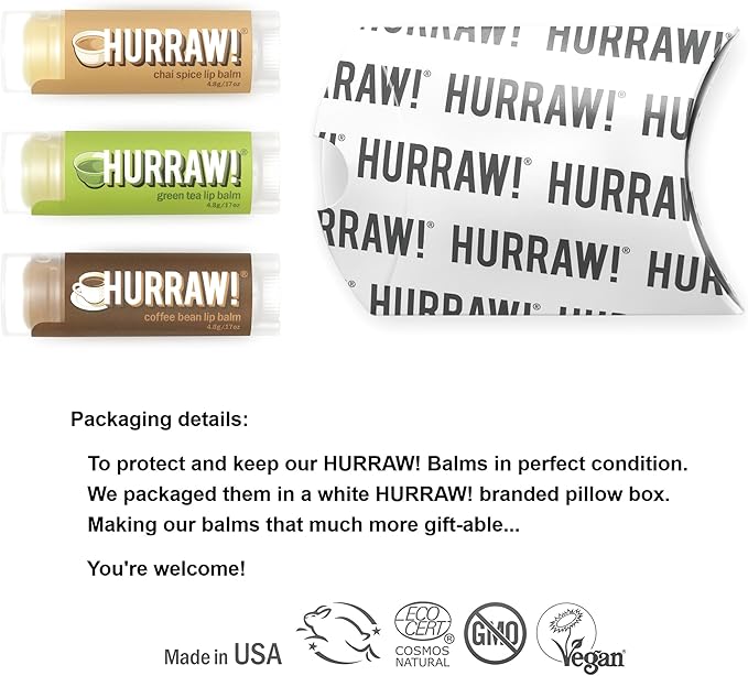 Hurraw! Chai Spice, Green Tea, Coffee Bean Lip Balms, 3 Pack Bundle: Organic, Certified Vegan, Cruelty and Gluten Free. Non-GMO, 100% Natural Ingredients. Bee, Shea, Soy and Palm Free. Made in USA-GlimoraGlow