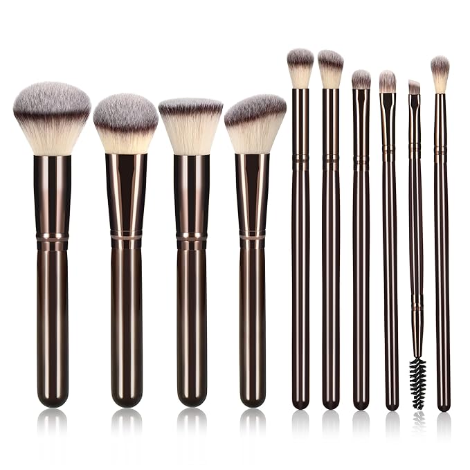 10 Piece Black brown Makeup Brushes - Wooden Handle with Soft Synthetic Bristles,for Face & Eye Makeup|Professional Makeup Brushes set for Women & Girls|-GlimoraGlow