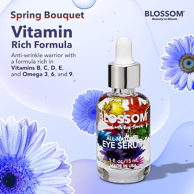 Blossom All Natural Organic Cruelty Free Moisturizing Eye Serum with Essential Oils, Infused with Real Flowers, Made in USA, 0.5 fl. oz., Spring Bouquet-GlimoraGlow