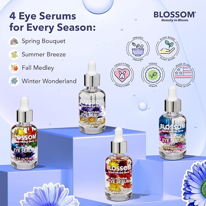 Blossom All Natural Organic Cruelty Free Moisturizing Eye Serum with Essential Oils, Infused with Real Flowers, Made in USA, 0.5 fl. oz., Spring Bouquet-GlimoraGlow