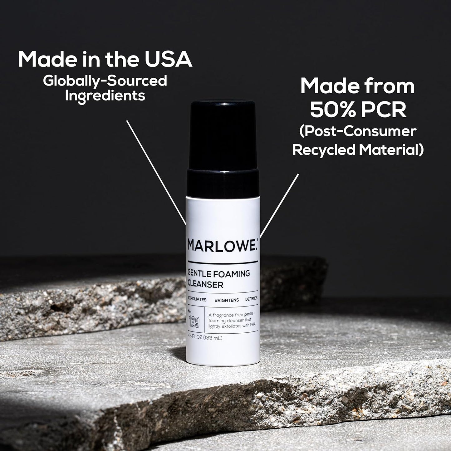 MARLOWE. No. 129 Gentle Foaming Facial Cleanser 4.5 Oz, Exfoliating, Brightening & Protective Daily Mens Face Wash with PHA, Natural Green Tea Extracts & Antioxidants, Unscented & Vegan-GlimoraGlow