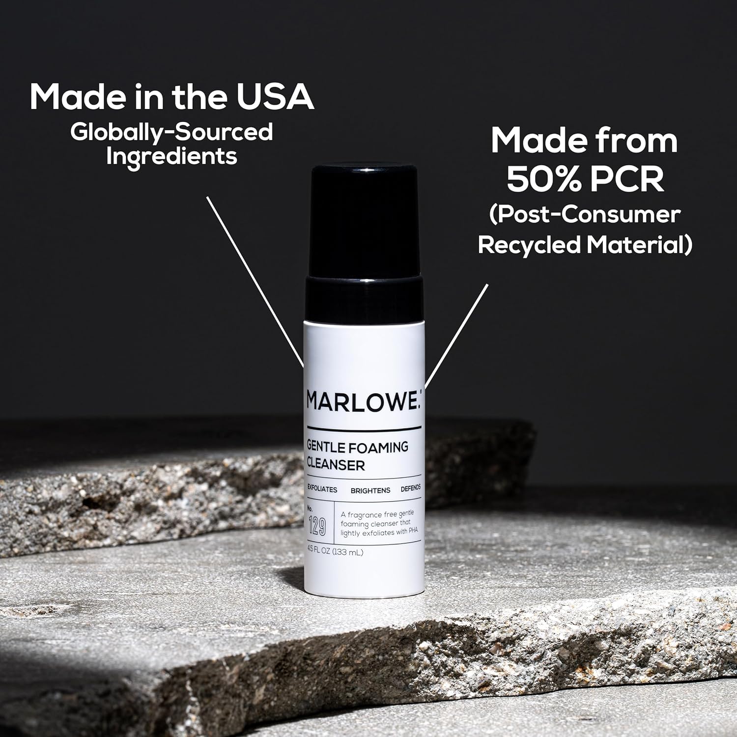 MARLOWE. No. 129 Gentle Foaming Facial Cleanser 4.5 Oz, Exfoliating, Brightening & Protective Daily Mens Face Wash with PHA, Natural Green Tea Extracts & Antioxidants, Unscented & Vegan-GlimoraGlow