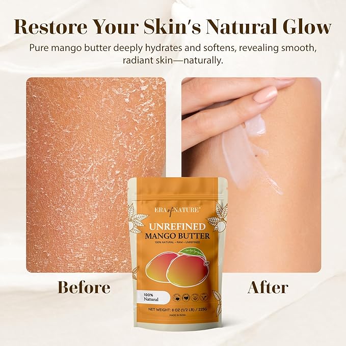 era of nature Organic Unrefined Raw Mango Body Butter Block 8oz - Moisturizing Mango Seed Raw Butter Bar for Skin & Hair, DIY Lip Balm Base, Cream, Soap & Lotion Making Supplies Kit, Personal Skincare-GlimoraGlow
