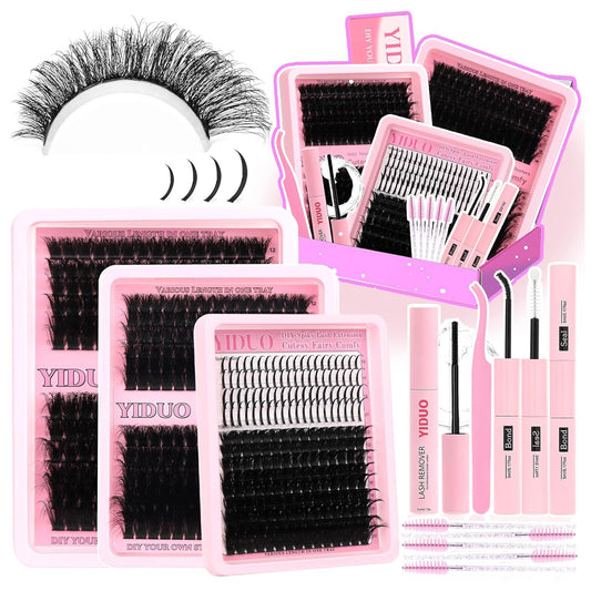 575Pcs Bulk Pack Lashes Clusters Kit with Glue and Removers, D Curl Volume 150D+200D+Spiky Lashes Clusters, 12-21mm Manga Extension Eyelashes DIY Individual False Eyelash Wholesale Pack-GlimoraGlow