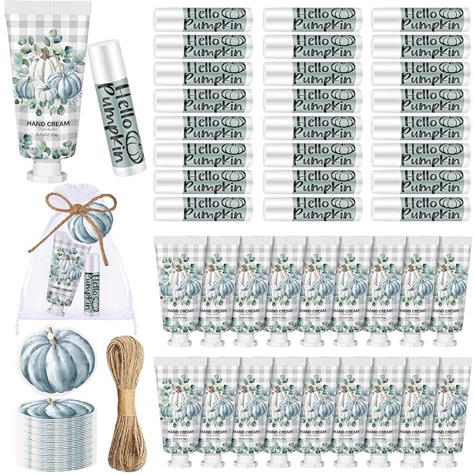 144 Pcs Fall Lip Balm Hand Cream Set Party Favors, Include 36 Blue Pumpkin Lip Balm 36 Moisturizing Hand Cream 36 Bags 36 Cards and Ropes for Autumn Accessories Gifts-GlimoraGlow