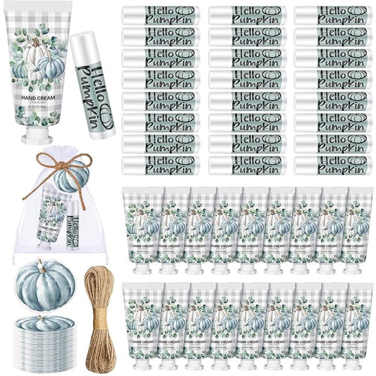 144 Pcs Fall Lip Balm Hand Cream Set Party Favors, Include 36 Blue Pumpkin Lip Balm 36 Moisturizing Hand Cream 36 Bags 36 Cards and Ropes for Autumn Accessories Gifts-GlimoraGlow