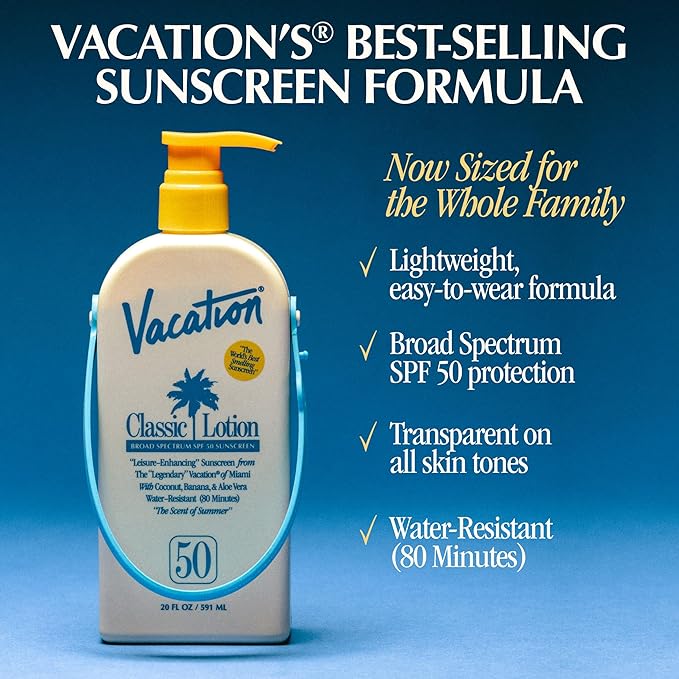 Vacation Classic Lotion SPF 50 Sun Jug, Broad Spectrum Bulk Sunscreen SPF 50, Water Resistant Sunblock, Suntan Lotion with Pump, Vegan, Family-Size, 20 Fl. Oz.-GlimoraGlow