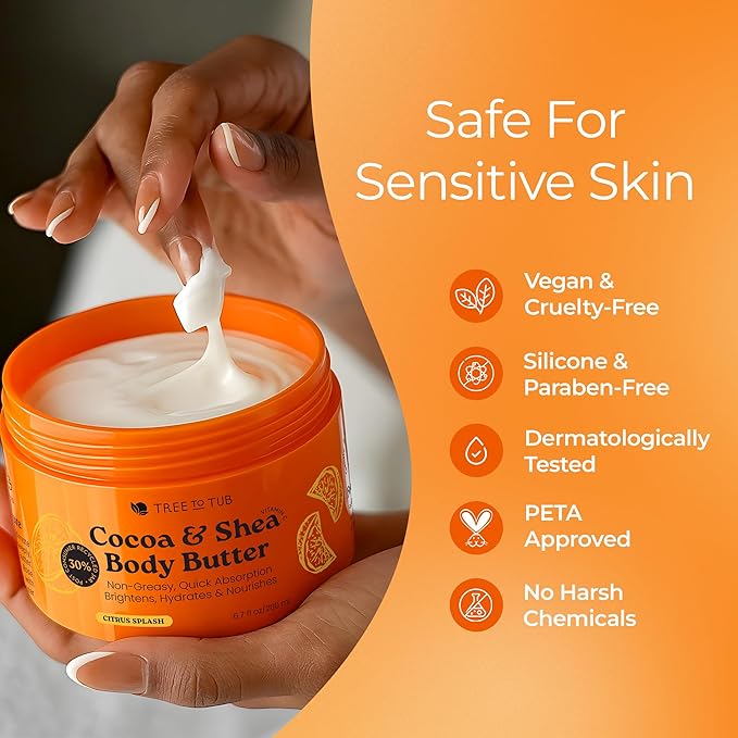 Tree to Tub Shea Body Butter for Dry, Extremely Dry, Sensitive Skin - Moisturizing Body Cream for Women & Men, Hydrating Body Lotion Moisturizer w/Vitamin C, Organic Cocoa, Citrus Scent-GlimoraGlow