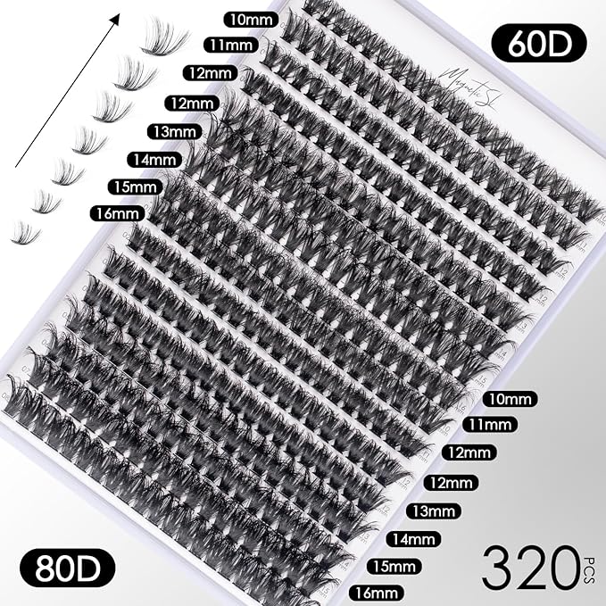 DIY Lash Extensions Kit 320pcs Individual Lashes Clusters 60D 80D D Curl Eyelash Extension Kit with Applicator and Lash Bond&Seal,Clusters Lash Glue Remover For False Eyelash Mix 10-16mm (60D+80D KIT)-GlimoraGlow