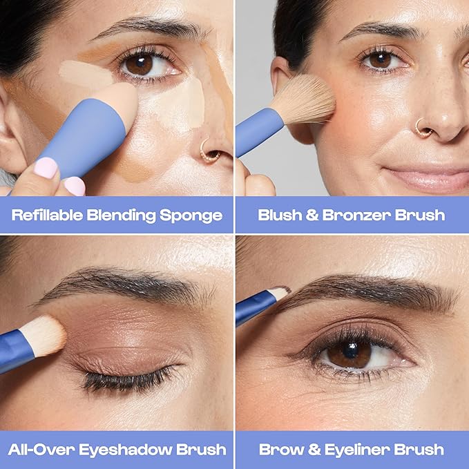 Alleyoop Multi-Tasker 4-in-1 Travel Makeup Brush Set – Compact Makeup Brushes with Blending Sponge, Eyeshadow, Eyebrow & Liner, Blush & Bronzer Brush – Mini Makeup Tools Kit for Women, Vegan-GlimoraGlow