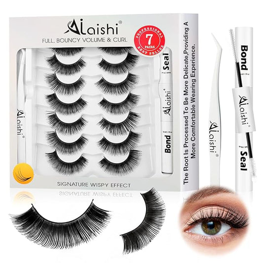 Fluffy False Eyelashes Kit With Bond, Seal and Tweezer, 7 Pairs Natural Look Fake Cat Eye Lashes Strips Thin Band Extensions Waterproof Easy Eyelashes for Beginners DF79-GlimoraGlow