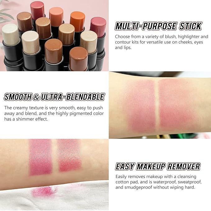 2 Pcs Cream Blush Stick Makeup Kit, Natural Shimmer & Matte Stick Blush Wand for Cheeks, Lightweight Blendable Silky Cream Blush Makeup -Shimmer Blush (#01 Shimmer Pink #04 Shimmer Fuchsia)-GlimoraGlow