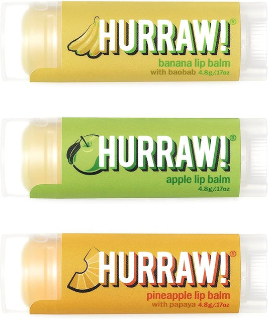 Hurraw! Banana, Apple, Pineapple Lip Balms, 3 Pack Bundle: Organic, Certified Vegan, Cruelty and Gluten Free. Non-GMO, 100% Natural. Bee, Shea, Soy & Palm Free. Made in USA-GlimoraGlow