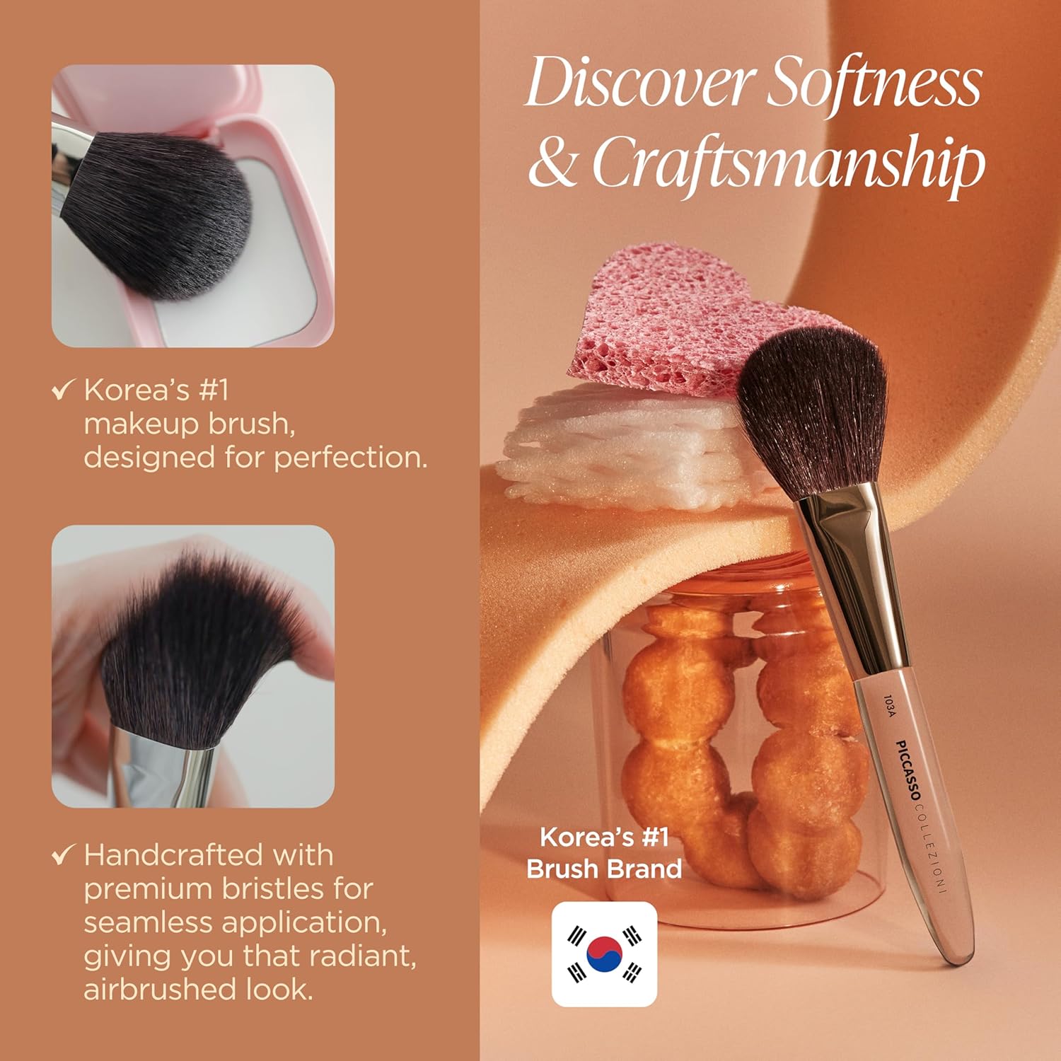 Piccasso COLLEZIONI 103A Powder Brush – Soft Makeup Brush for Face, Fluffy Blush and Setting Tool with Goat Hair Blend, Ideal for Powder Application, Shading, and Natural Finish, Professional Korean-GlimoraGlow