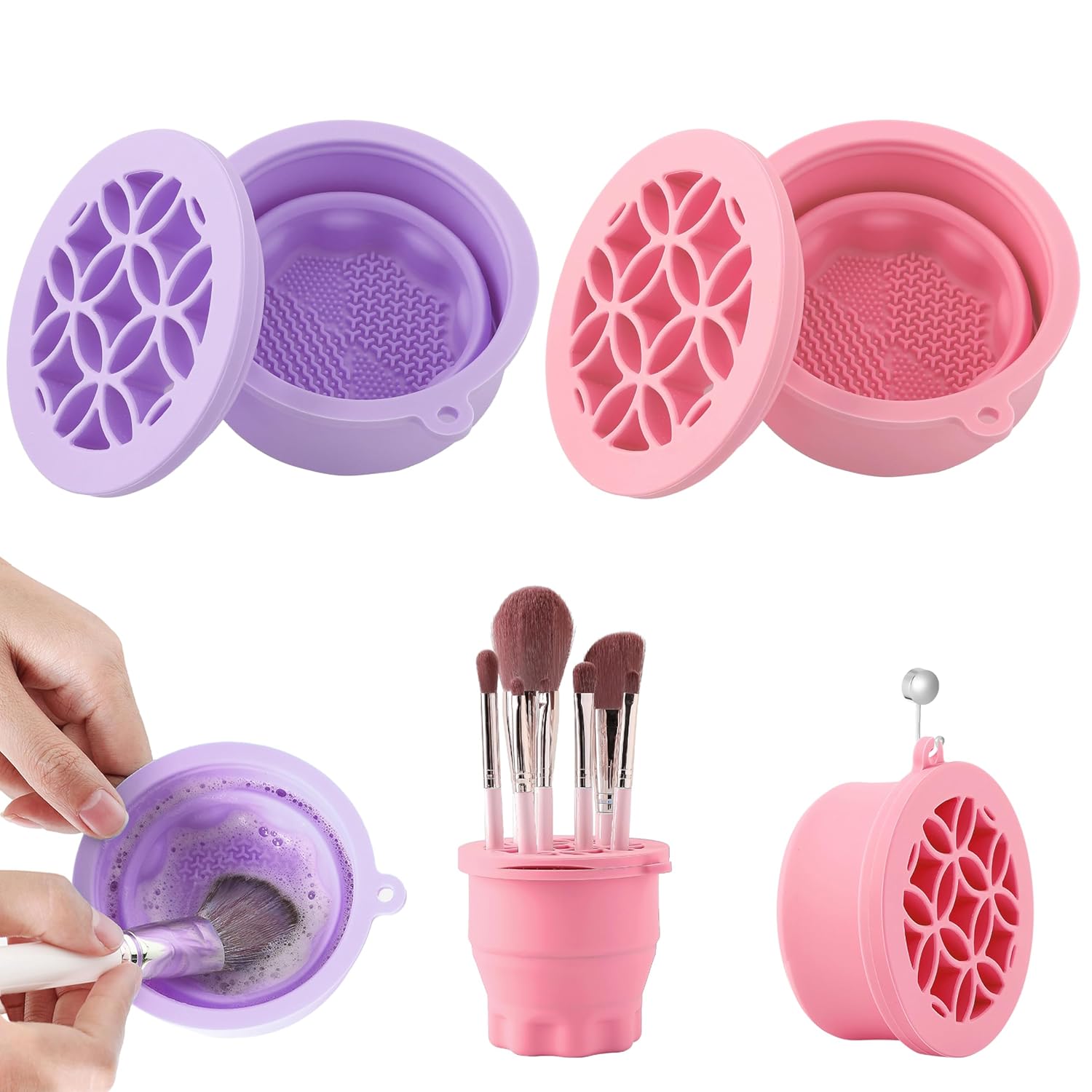 Makeup Brush Cleaner - Foldable Silicone Makeup Brush Cleaner Mat with Brush Storage Holder Makeup Brush Cleaning Bowl Cosmetic Brush Washing Tool for Cleaning Organizer and Drying (Purple and Pink)-GlimoraGlow