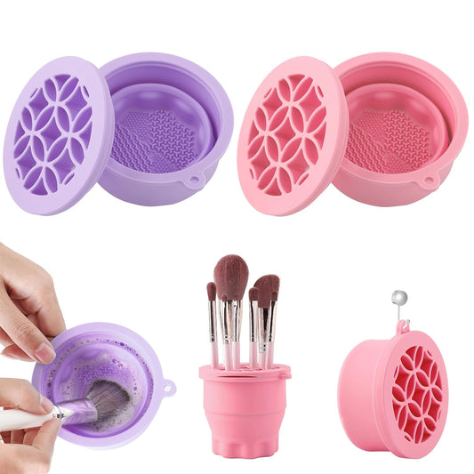 Makeup Brush Cleaner - Foldable Silicone Makeup Brush Cleaner Mat with Brush Storage Holder Makeup Brush Cleaning Bowl Cosmetic Brush Washing Tool for Cleaning Organizer and Drying (Purple and Pink)-GlimoraGlow