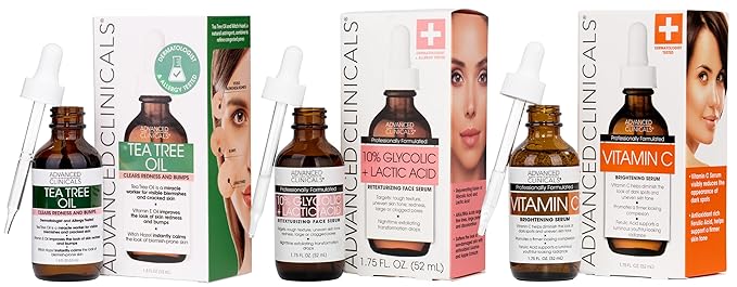 Advanced Clinicals Tea Tree Oil For Face + Vitamin C Serum + Exfoliating 10% Glycolic Acid + Lactic Acid Serum 3PC Skincare Set For Women & Men | Anti Aging Serums To Brighten, Exfoliate, & Hydrate-GlimoraGlow