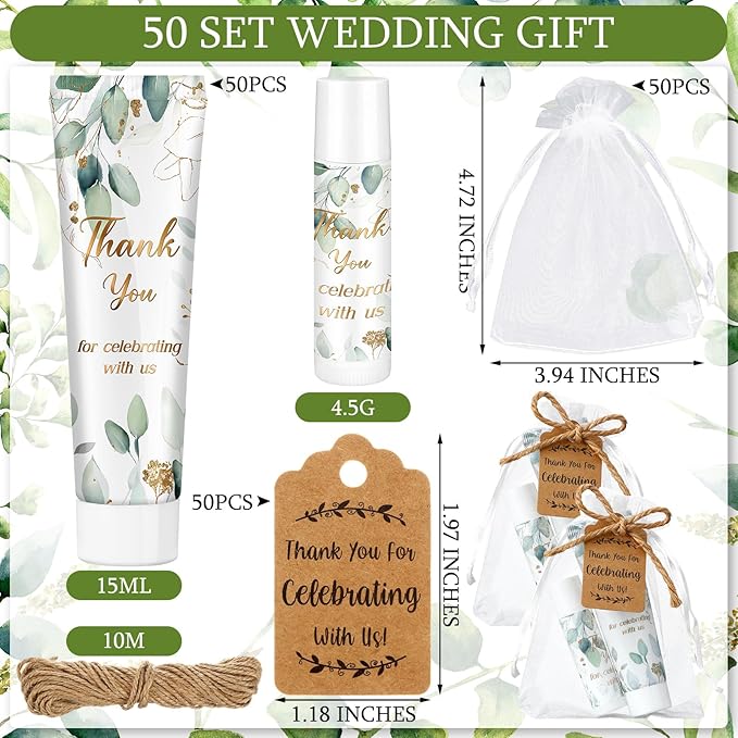 200 Pcs Baby Shower Wedding Party Favors Gift Set, 50 Pcs Baby Shower Hand Cream and 50 Lip Balm for Wedding Bridesmaid Guests Gift Supplies with 50 Organza Bag 50 Thank You Tag(Eucalyptus)-GlimoraGlow