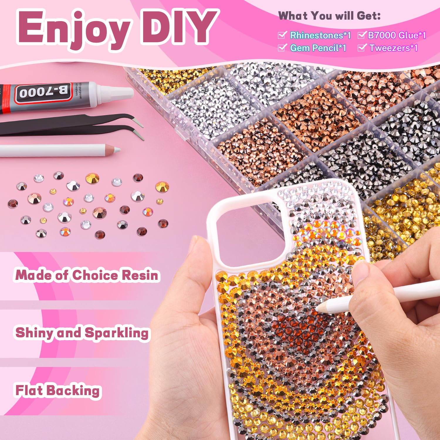 20000Pcs Metallic Rhinestones for Bedazzling with 1Pcs B7000 Jewelry Glue, Resin Rhinestones for Crafting Crafts DIY, Bedazzler Kit Gems for Clothing Shoes Tumblers Nail Art Assorted Size 3/4/5/6mm-GlimoraGlow