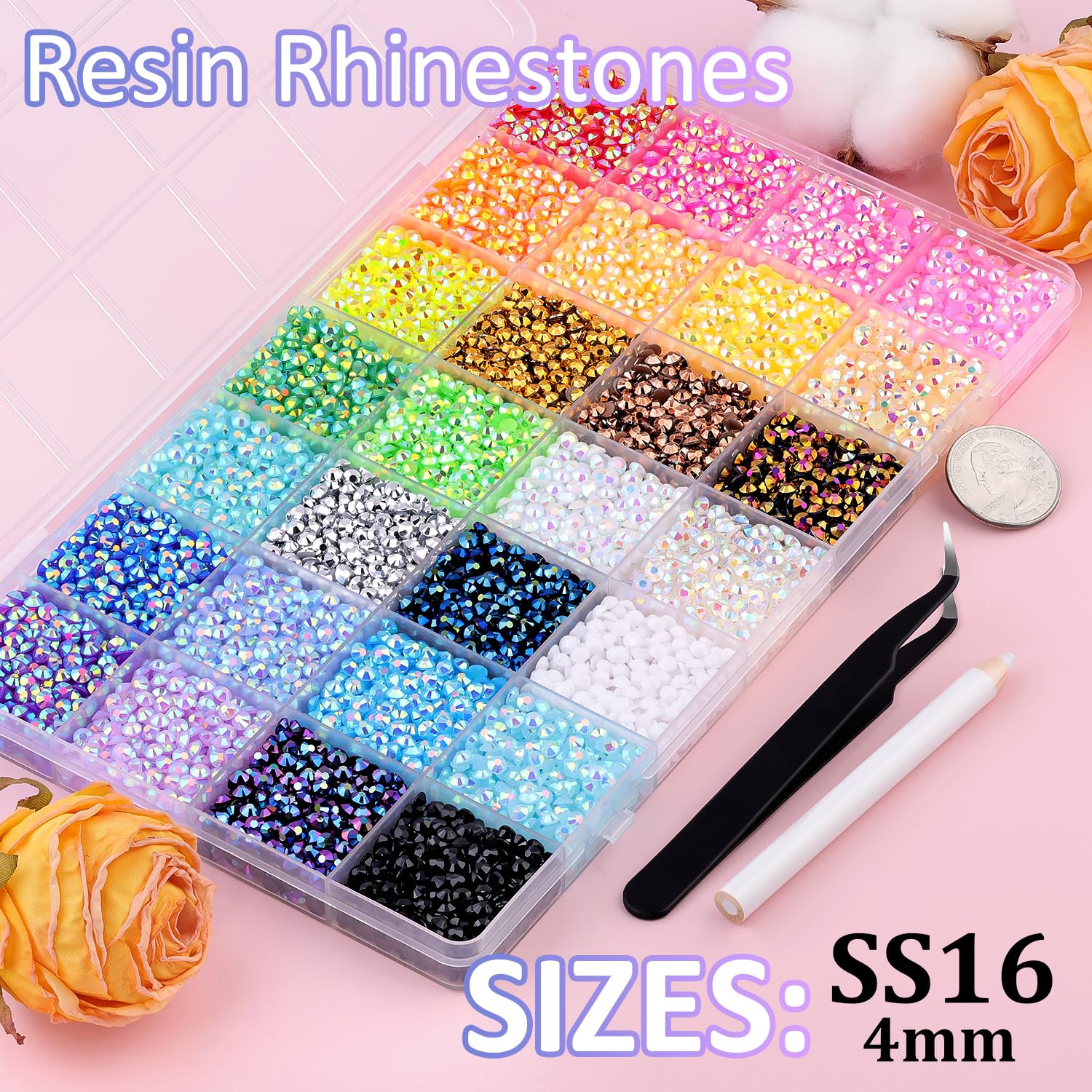 16000Pcs Resin Rhinestones with Tweezers for Crafting, Mixed-Color 4mm Bedazzling Crystal with 1Pcs 10ml B7000 Jewelry Glue for DIY Crafts Clothing Tumblers Shoes Fabric Nail Art-GlimoraGlow