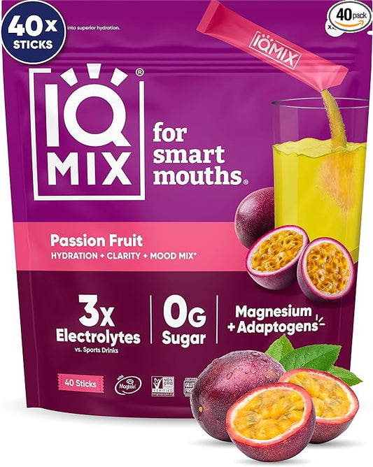 IQMIX Hydration Electrolyte Powder – 4-in-1 Formula for Hydration, Mental Clarity, Mood and Recovery – Sugar-Free Drink Mix, Keto, Magnesium L-Threonate, Lion’s Mane – 40 Count Passion Fruit-GlimoraGlow