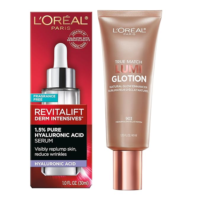 L'Oreal Paris Revitalift 1.5% Pure Hyaluronic Acid Face Serum 1.0 oz + True Match Lumi Glotion Natural Glow Enhancer Lotion, Medium 1.35 fl. oz, 1 kit-GlimoraGlow