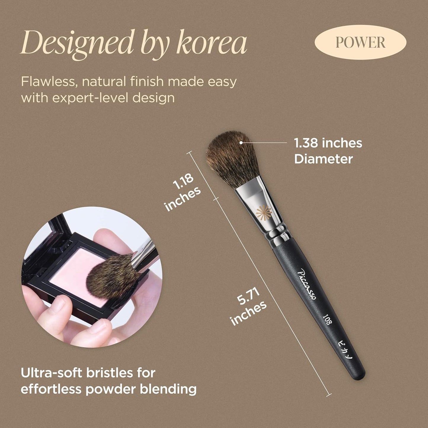 Piccasso 108 Blusher Brush – Soft Gray Squirrel Hair for Smooth and Natural Cheek Makeup, Fluffy Powder Applicator with Excellent Color Payoff, Small Face Brush for Daily Use, Professional Beauty-GlimoraGlow