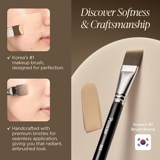 Piccasso 163 Foundation Brush – Dense Makeup Brush for Liquid & Cream Foundation, Soft Synthetic Bristles for Flawless Coverage and Face Makeup, Professional Korean Beauty Tool for Daily-GlimoraGlow