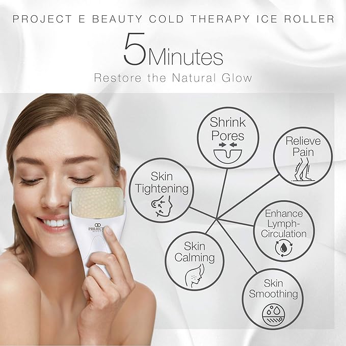 Ice Roller Cold Therapy by Project E Beauty | Reduce Under Eye Puffiness & Dark Circles | Tightens & Firms Skin | Diminish Wrinkles | Pain Relief | Muscle Soreness | Redness (Face & Body Roller)-GlimoraGlow