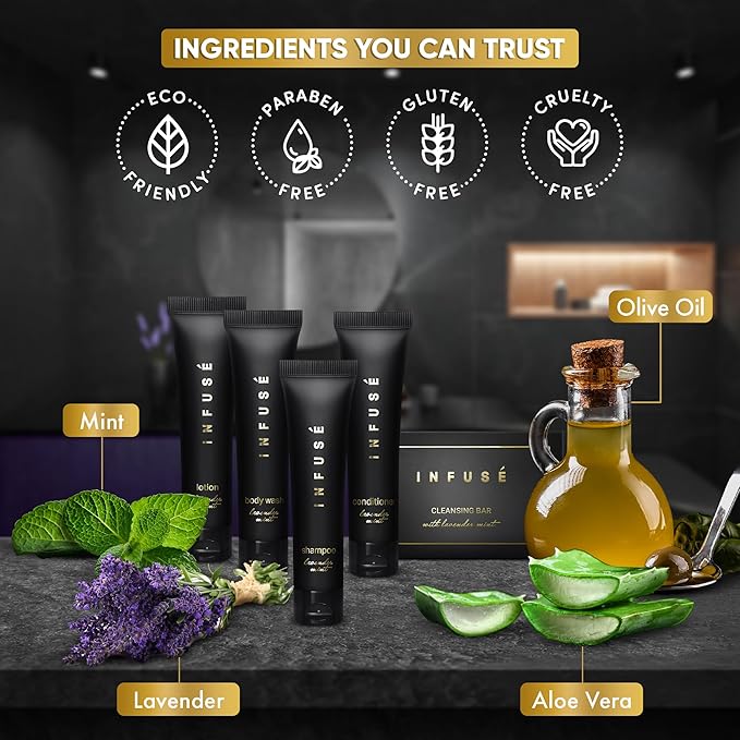Infuse Black Amenity Kit | Boxed Hotel Toiletries | Bulk Set 1 oz Travel Size Shampoo, Conditioner, Lotion, Body Wash & Cleansing Bar for Guest Hospitality AirBnB/Vacation Rentals | 300 Pieces-GlimoraGlow
