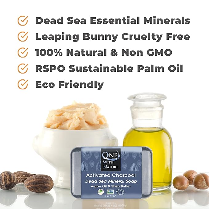 One With Nature Activated Charcoal Soap 4oz 6-Pack Gift Box – Detoxifying and Exfoliating Charcoal Soap Bar with Dead Sea Salt for Face & Body, for Men & Women-GlimoraGlow