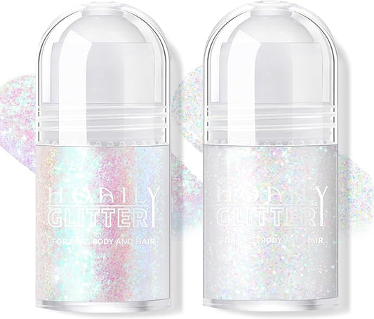 2 Colors Roll-on Body Glitter Gel, Holographic Glitter Gel Under Light for Face Hair, Body Shimmer for Rave Accessories Christmas New Year Halloween Makeup (11+13)-GlimoraGlow