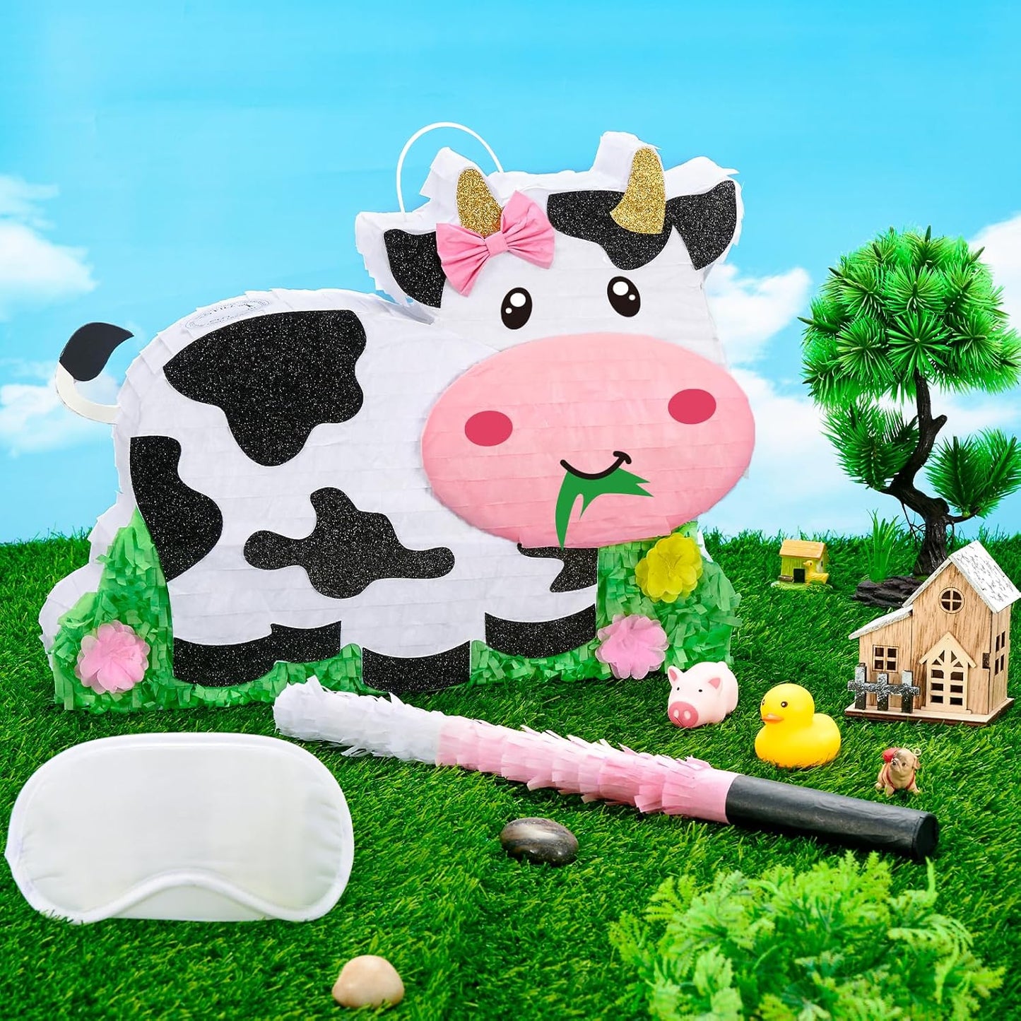 WERNNSAI Dairy Cow Piñata - Farm Animal Party Game Cow Pinata for Girls Birthday Party Decorations Kids Happy Party Favor Supplies with Bat Blindfold, Farm Theme Candy Toys Filler