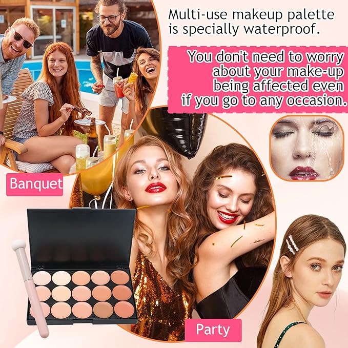 15 Colors Cream Contour Palette,Lightweight Concealer Full Coverage Contouring Liquid Foundation Palette,Multi-use Blendable Color Corrector Concealer Palette with Makeup Sponge-GlimoraGlow