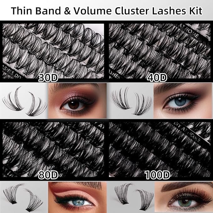 Lash Clusters 320pcs Lash Extension Kit 30D 40D 80D 100D Individual Lashes Kit 12-20mm Eyelash Extension Kit with Lash Bond&Seal,Lash Remover and Lash Tweezers for Easy Use(30/40/80/100D-0.07D Kit))-GlimoraGlow